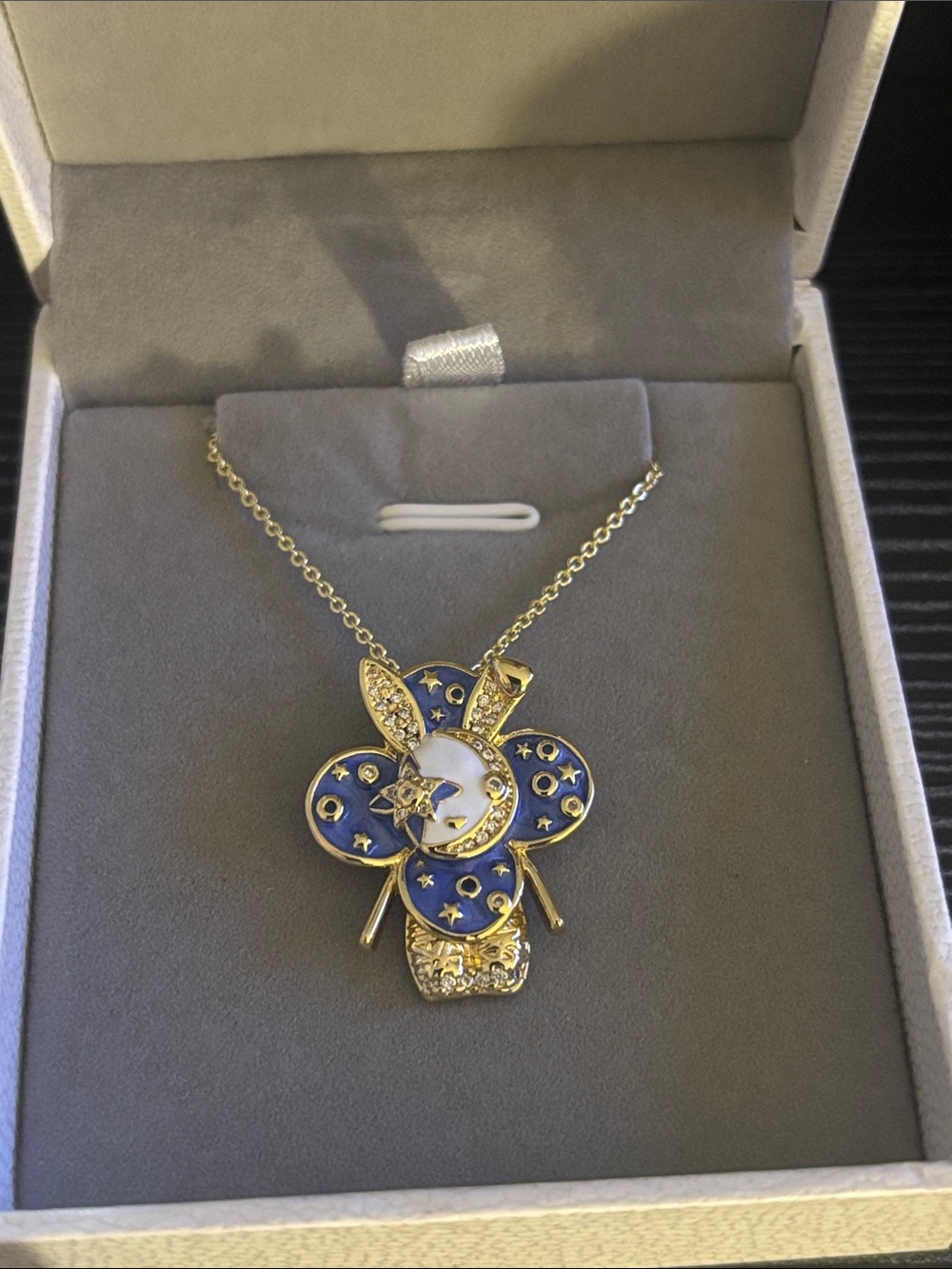 Gold and Blue Enamel Moon & Star Pendant Necklace